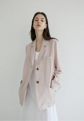 Long-Sleeve Linen Blazer With Notch Lapels And Front Pockets For Soft-Structured Elegance