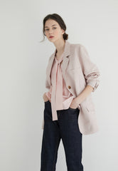 Long-Sleeve Linen Blazer With Notch Lapels And Front Pockets For Soft-Structured Elegance