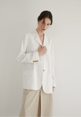 Long-Sleeve Linen Blazer With Tailored Notch Lapels And Button Front For Structured Layering