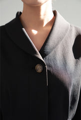 Linen Midi Dress with Sculpted Sleeves, Covered Placket, and Asymmetric Shawl Collar