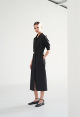 Linen Midi Dress with Sculpted Sleeves, Covered Placket, and Asymmetric Shawl Collar
