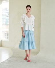 Tiered Linen Midi Skirt with Flowy Silhouette – Lightweight Summer Skirt with Elastic Waist