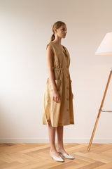 Sleeveless Button-Front Midi Dress in Breathable Lightweight Linen with Gathered Waist Detail