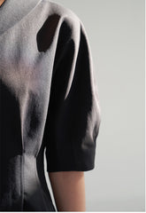 Linen Midi Dress with Sculpted Sleeves, Covered Placket, and Asymmetric Shawl Collar