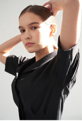 Linen Midi Dress with Sculpted Sleeves, Covered Placket, and Asymmetric Shawl Collar