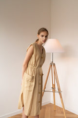 Sleeveless Button-Front Midi Dress in Breathable Lightweight Linen with Gathered Waist Detail