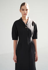 Linen Midi Dress with Sculpted Sleeves, Covered Placket, and Asymmetric Shawl Collar