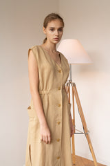 Sleeveless Button-Front Midi Dress in Breathable Lightweight Linen with Gathered Waist Detail