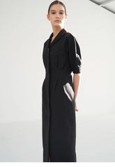 Linen Midi Dress with Sculpted Sleeves, Covered Placket, and Asymmetric Shawl Collar