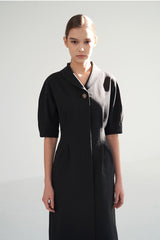 Linen Midi Dress with Sculpted Sleeves, Covered Placket, and Asymmetric Shawl Collar