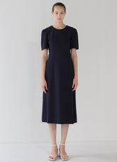 Structured Linen Midi Dress with Puff Sleeves and Timeless A-Line Silhouette