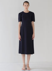 Structured Linen Midi Dress with Puff Sleeves and Timeless A-Line Silhouette