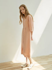 V-Neck Linen Midi Dress with Covered Button Front and Half Sleeves for Effortless Elegance