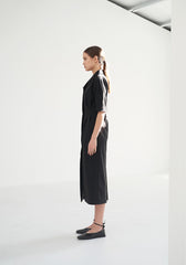 Linen Midi Dress with Sculpted Sleeves, Covered Placket, and Asymmetric Shawl Collar