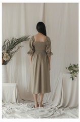 Pleated Shoulder-Strap Midi Linen Dress with Square Neckline