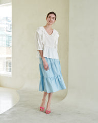 Tiered Linen Midi Skirt with Flowy Silhouette – Lightweight Summer Skirt with Elastic Waist