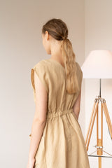 Sleeveless Button-Front Midi Dress in Breathable Lightweight Linen with Gathered Waist Detail