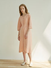 V-Neck Linen Midi Dress with Covered Button Front and Half Sleeves for Effortless Elegance