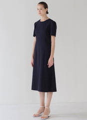 Structured Linen Midi Dress with Puff Sleeves and Timeless A-Line Silhouette