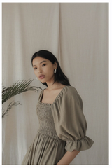 Pleated Shoulder-Strap Midi Linen Dress with Square Neckline