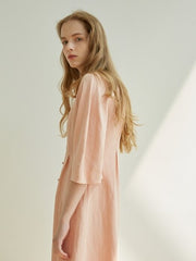 V-Neck Linen Midi Dress with Covered Button Front and Half Sleeves for Effortless Elegance