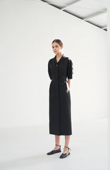 Linen Midi Dress with Sculpted Sleeves, Covered Placket, and Asymmetric Shawl Collar