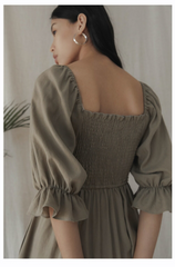 Pleated Shoulder-Strap Midi Linen Dress with Square Neckline