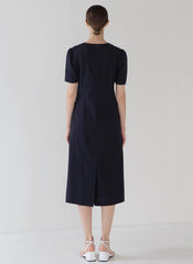 Structured Linen Midi Dress with Puff Sleeves and Timeless A-Line Silhouette