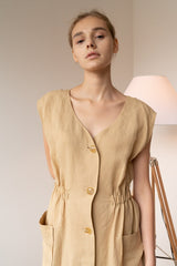 Sleeveless Button-Front Midi Dress in Breathable Lightweight Linen with Gathered Waist Detail