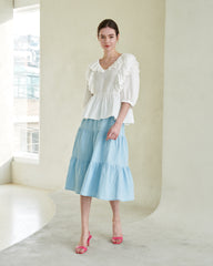 Tiered Linen Midi Skirt with Flowy Silhouette – Lightweight Summer Skirt with Elastic Waist