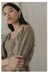 Pleated Shoulder-Strap Midi Linen Dress with Square Neckline