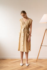 Sleeveless Button-Front Midi Dress in Breathable Lightweight Linen with Gathered Waist Detail