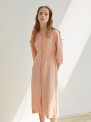 V-Neck Linen Midi Dress with Covered Button Front and Half Sleeves for Effortless Elegance