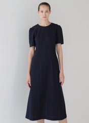 Structured Linen Midi Dress with Puff Sleeves and Timeless A-Line Silhouette