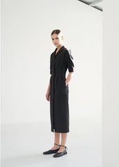 Linen Midi Dress with Sculpted Sleeves, Covered Placket, and Asymmetric Shawl Collar