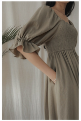 Pleated Shoulder-Strap Midi Linen Dress with Square Neckline