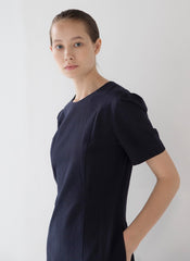 Structured Linen Midi Dress with Puff Sleeves and Timeless A-Line Silhouette