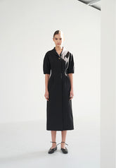 Linen Midi Dress with Sculpted Sleeves, Covered Placket, and Asymmetric Shawl Collar