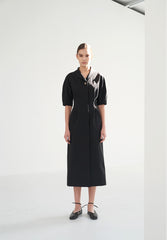 Linen Midi Dress with Sculpted Sleeves, Covered Placket, and Asymmetric Shawl Collar