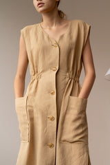Sleeveless Button-Front Midi Dress in Breathable Lightweight Linen with Gathered Waist Detail