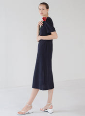 Structured Linen Midi Dress with Puff Sleeves and Timeless A-Line Silhouette