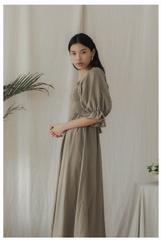Pleated Shoulder-Strap Midi Linen Dress with Square Neckline