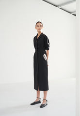 Linen Midi Dress with Sculpted Sleeves, Covered Placket, and Asymmetric Shawl Collar