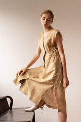 Sleeveless Button-Front Midi Dress in Breathable Lightweight Linen with Gathered Waist Detail