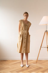 Sleeveless Button-Front Midi Dress in Breathable Lightweight Linen with Gathered Waist Detail