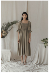 Pleated Shoulder-Strap Midi Linen Dress with Square Neckline