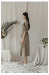 Pleated Shoulder-Strap Midi Linen Dress with Square Neckline