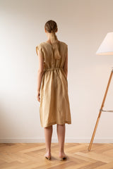 Sleeveless Button-Front Midi Dress in Breathable Lightweight Linen with Gathered Waist Detail