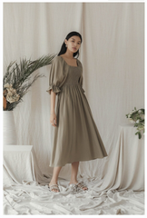 Pleated Shoulder-Strap Midi Linen Dress with Square Neckline
