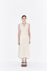 Sleeveless Linen Midi Dress for Women with V-Neckline and Draped Waist Detail – Flared Skirt